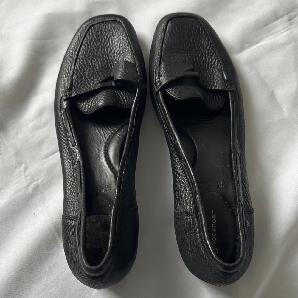 Black Pebbled Leather Penny Loafers, Size 11 Low Heel Mules, Rockport